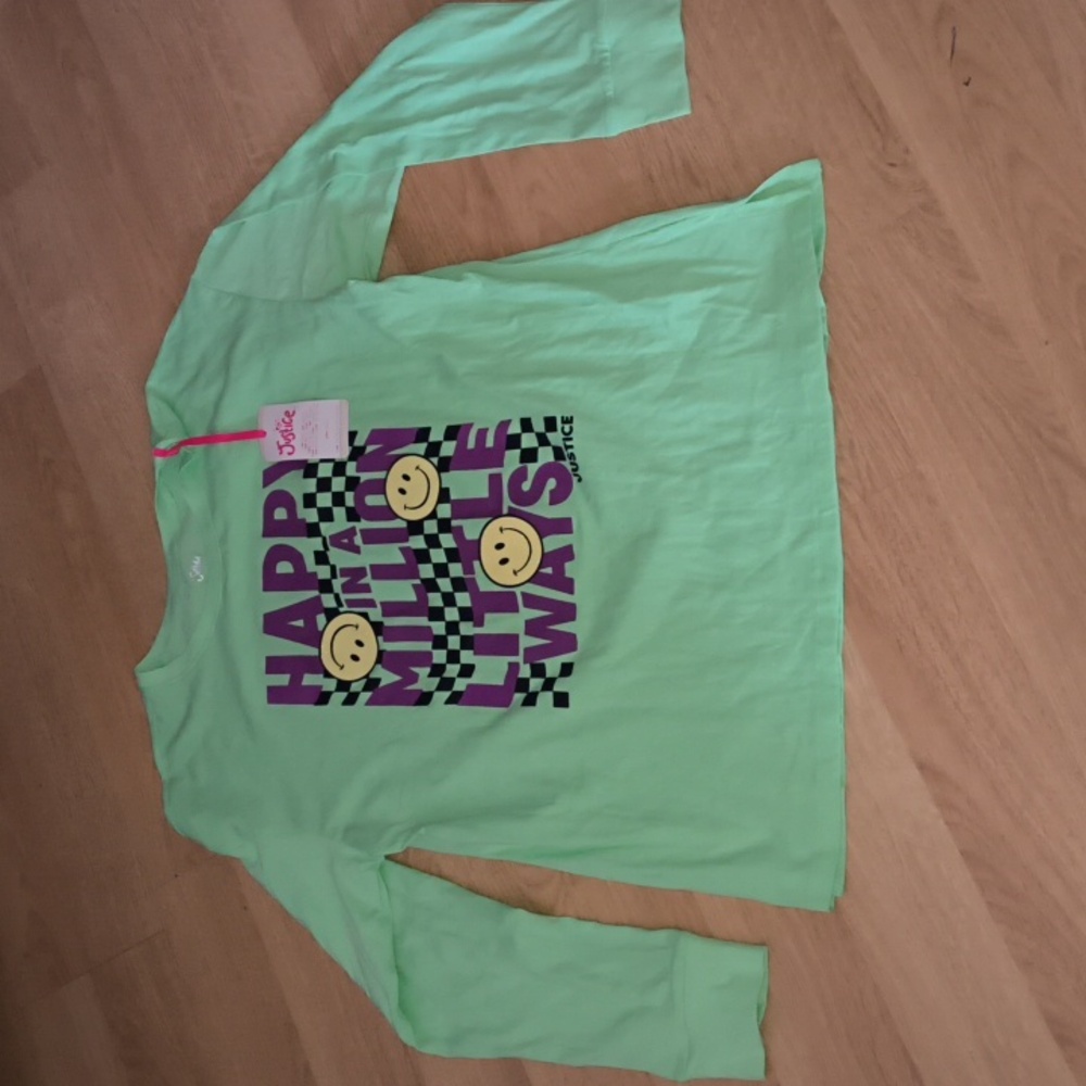 Justice Girls Top Green 16/18 XL Pullover Long Sleeve Happy Face Graphics Logo